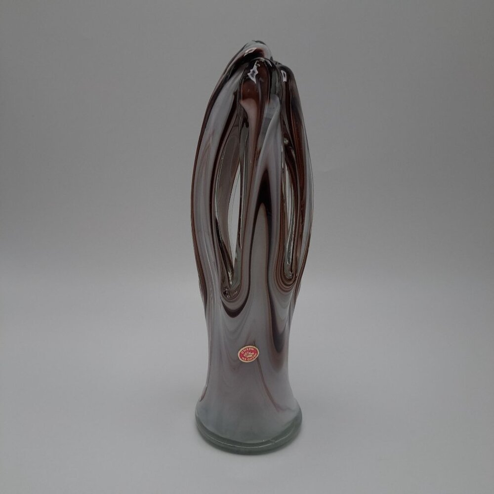 Hand Blown Murano Style Art Glass Vase Brown Swirl Design Mexico Vintage